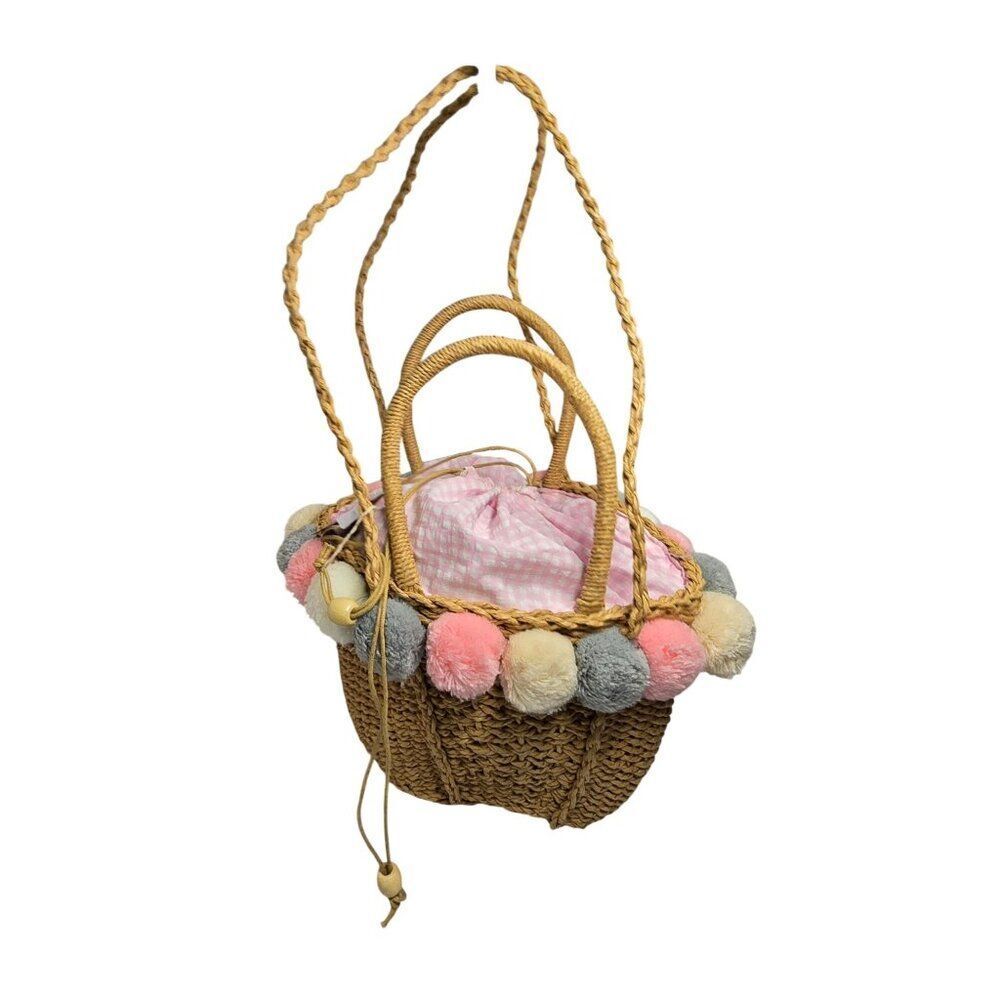 Handwoven Pom Pom Straw Beach Basket Bag Gingham Drawstring  Whimsical Color